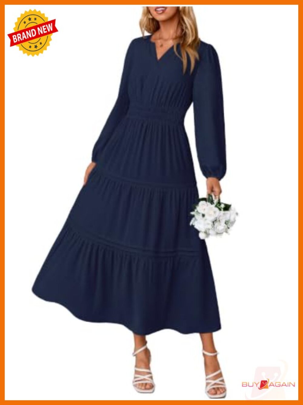Women's Fall Long Sleeve Maxi Dress Tiered Smocked Waist Pockets